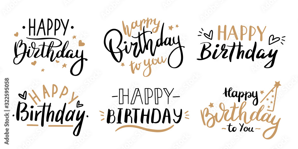 Plakat Happy birthday celebration concept. Greeting birthday party lettering with celebration hand drawn elements, decorative invitation card vector set. anniversary black and gold handwritten inscription