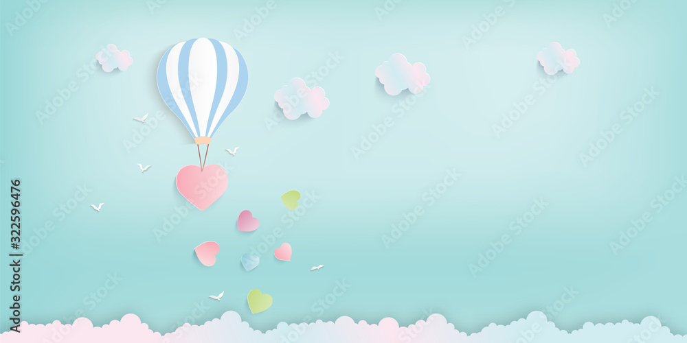 illustration of love and valentine day with balloon, heart and clouds. Paper cut style. Vector illustration