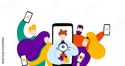 Vector concept of referral program. Network marketing. Refer a friend. Group of people are holding smartphones in their hands and listening to man looking from giant smartphone. Banner, advertising