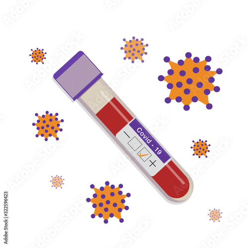 Vector illustration of a test tube with blood marked as infected with a coronavirus named Covid-19.