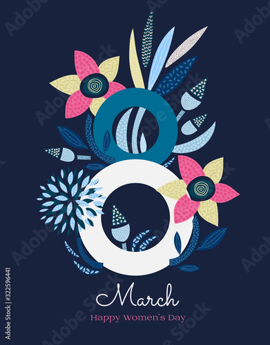 8 March. Happy Women's Day. Floral figure of eight. Spring holiday. Creative hand drawn colorful textured flowers. Artistic design for card, postcard, poster or invitation. Vector illustration, eps10