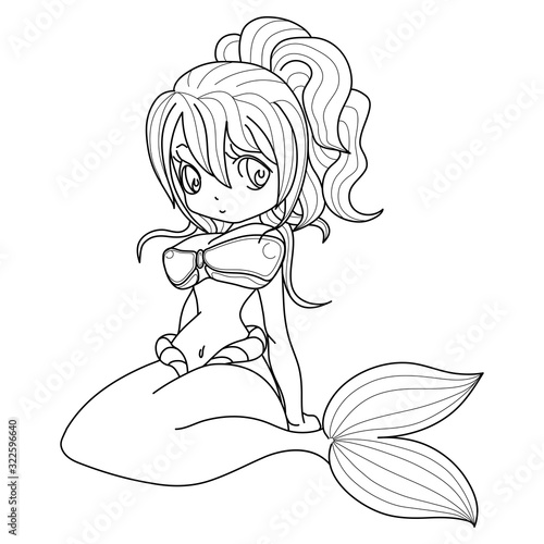 Beautiful princess mermaid line art for coloring. Vector cartoon magic young girl undersea illustration, fantastic creature isolated on white background for coloring book.