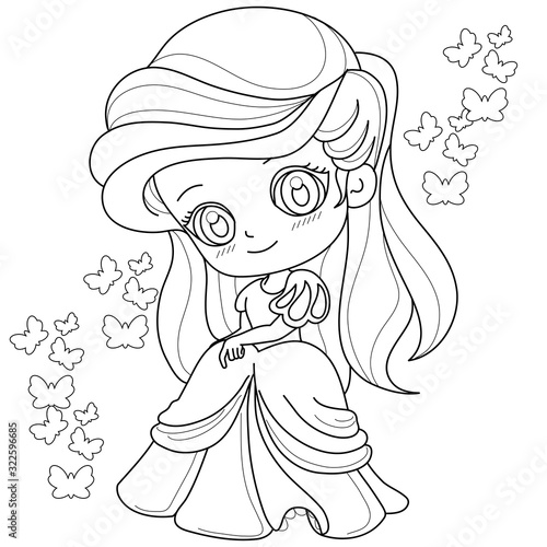 Cute fairy-tale Princess on a white background for coloring page, vector illustration.