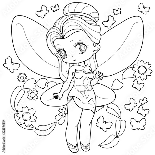 Spring little fairy girl with wings, Outlined on white background for  kids coloring book, vector illustration.