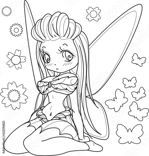 Beautifull fairy girl with wings, Outlined on white background for  adult coloring book, vector illustration.