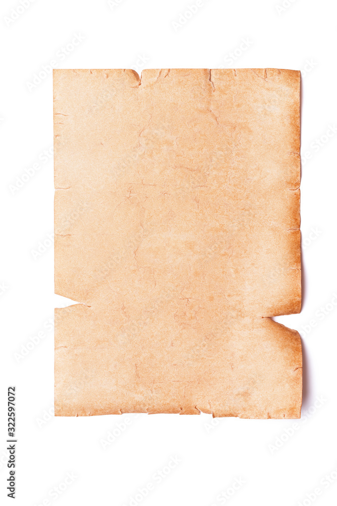 Vertical oriented sheet of ancient stained torn medieval paper or parchment with copy space isolated on a white background. Template for map, letter or menu.