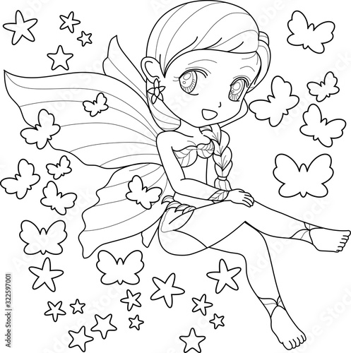 Cute little fairy with wings, white background for  kids coloring book, vector illustration.