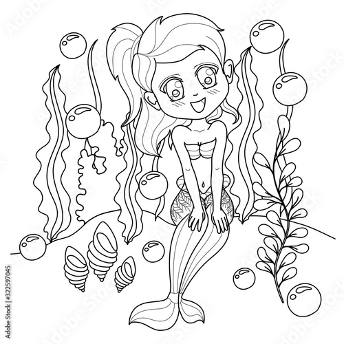 Vector drawing fantastic sea mermaid. Ornamental decorated graphic illustration of a mermaid. Coloring page sea nymph. For print t-shirts. Fairy tale mythical characters.