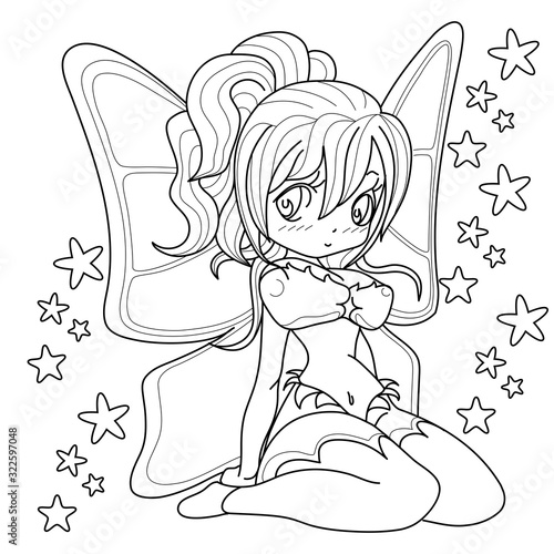 Beautifull fairy girl, Fantasy black and white image. Outlined on white background for  kids coloring book. Vector illustration.