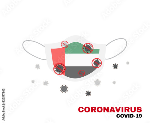 Medical face mask with symbol of United Arab Emirates flag to protect UAE people from coronavirus or Covid-19, virus outbreak protecton concept, sign symbol background, vector illustratioin.