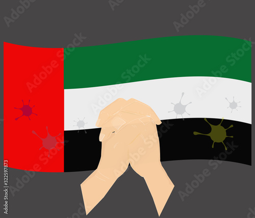 Praying hands with Covid-19 or novel coronavirus stained on The United Arab Emirates National Flag, Pray for UAE, Save Emirati people concept, sign symbol background, vector illustration.