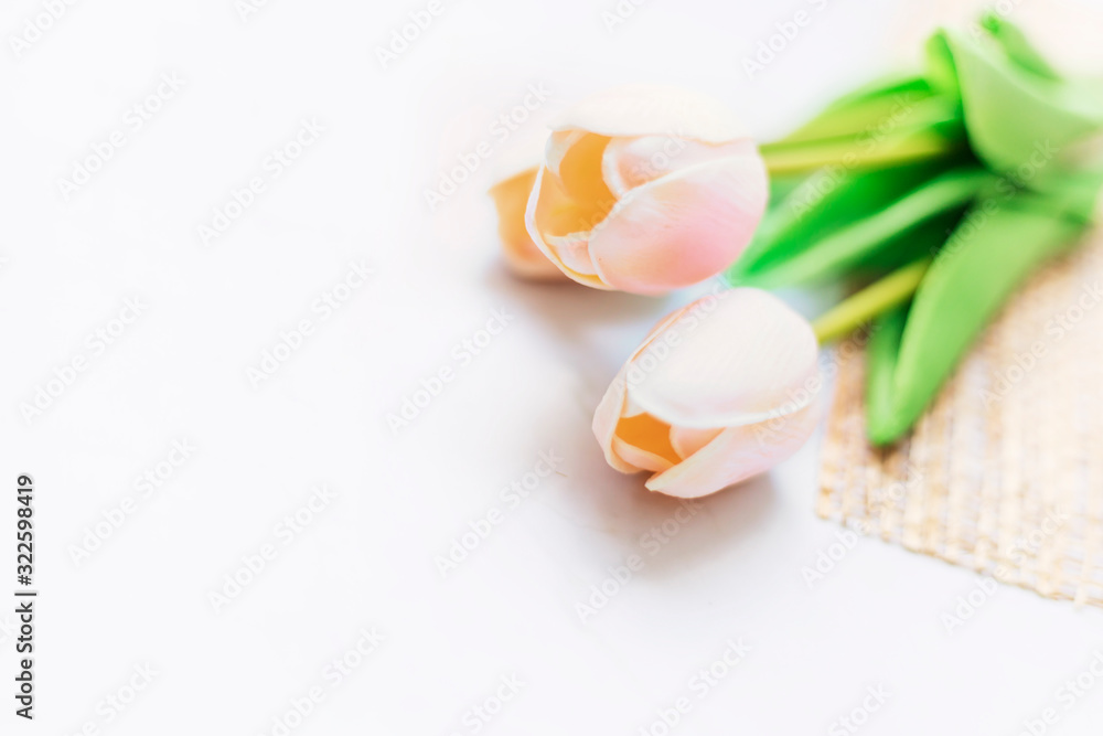Pink tulips flower on white marble with copy space, Valentine day Pink tulips flower on white marble with copy space, Valentine day