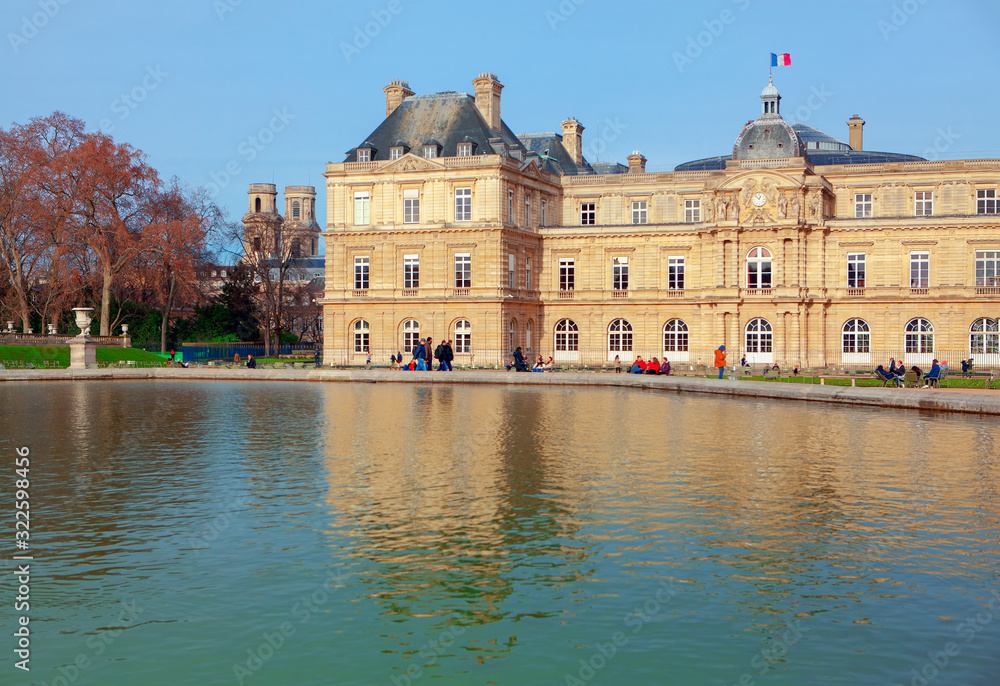 Luxembourg Palace in Paris reflected in the water 