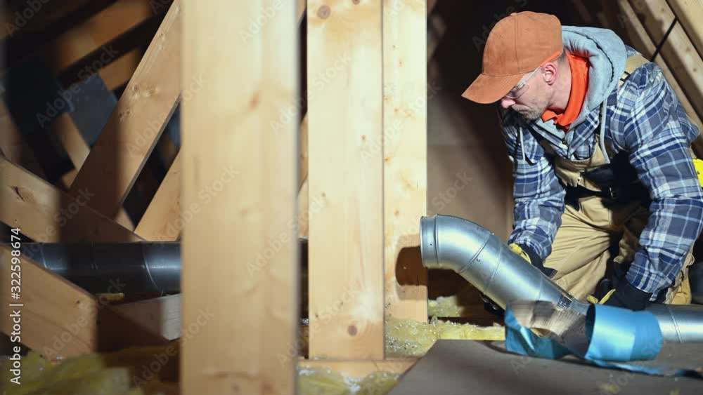 Caucasian Contractor Building Air House Ventilation System. Installing Attic Pipeline. Caucasian Contractor Building Air House Ventilation System. Installing Attic Pipeline.