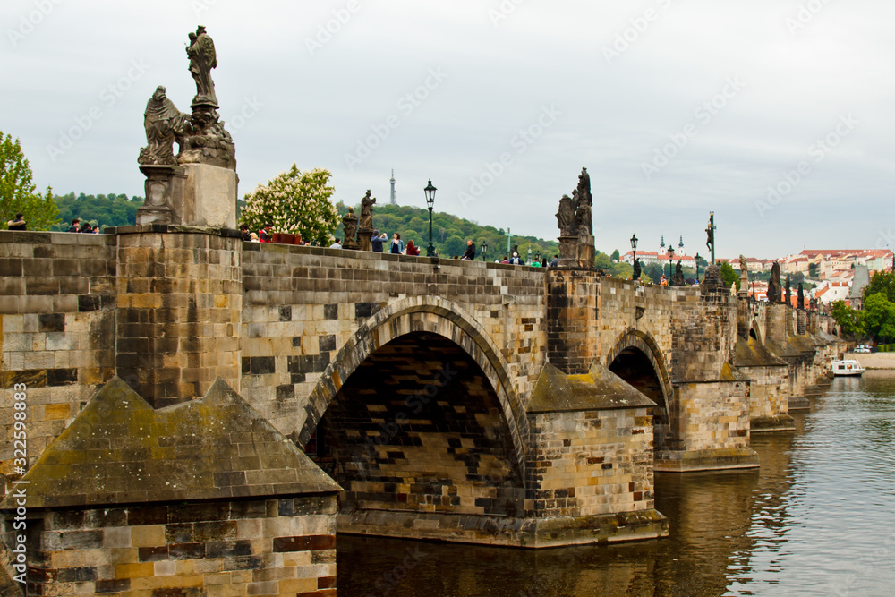 Prague. 10.05.2019: Palacky Bridge in Prague. Detail of pillar and arch, built of granite blocks of different colors.