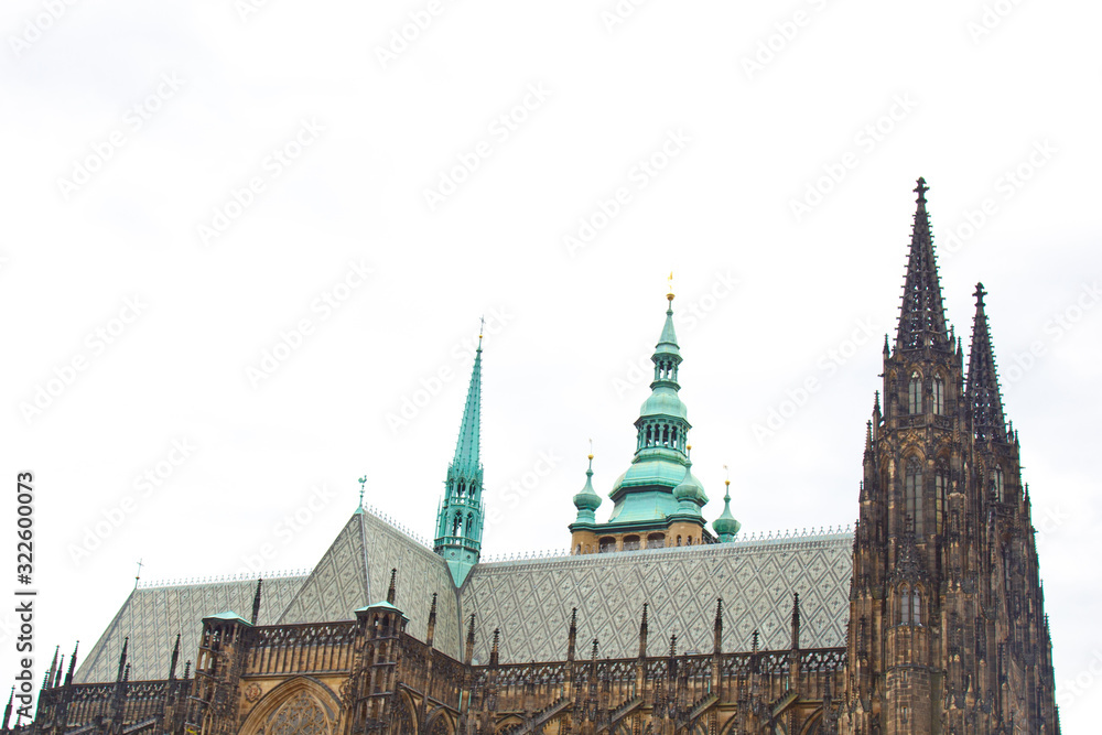 Prague. 10.05.2019: Staircase to the treasury, Saint Vitus's Cathedral, Prague castle, Prague, Czech Republic. Gothic ornamental detail of roof St. Vitus Cathedral.