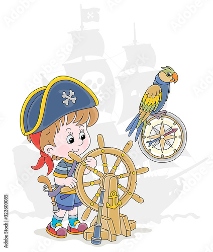 Little boy with a cocked sailor hat and a toy filibuster pistol playing a sea pirate with an old wooden ship steering helm, a compass and a funny parrot, vector cartoon illustration