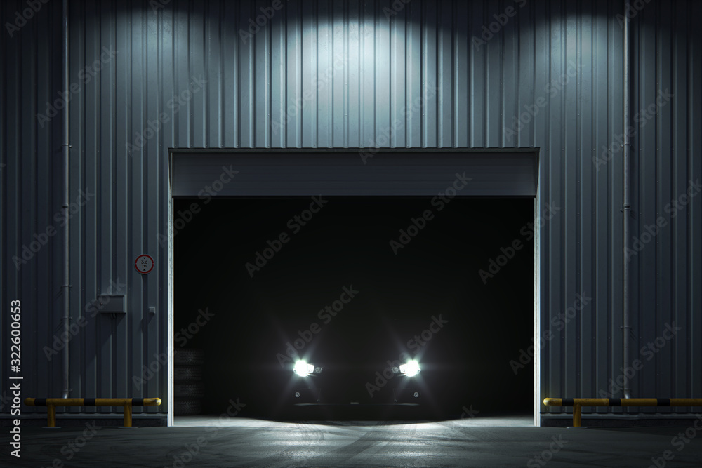 Car with luminous headlights stands at night in garage. 3d render Car with luminous headlights stands at night in garage. 3d render