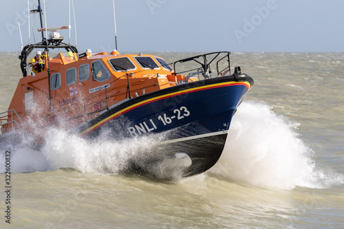 Eastbourne, UK. February 11th 2020: Eastbourne RNLI Lifeboat rises out of the water.