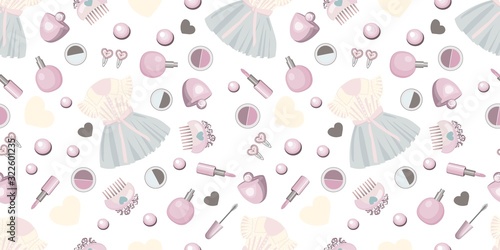 For princess. Seamless pattern with dress, cosmetics and accessories for girls, hairpins. Perfect design for fabric and textile, wrapping paper and wallpaper for walls. Vector pattern..