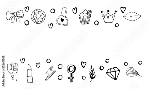 Cute border with symbols of feminism and body positivity movement. Hand drawn doodle elements, stickers, phrase and lettering. Women concept design.