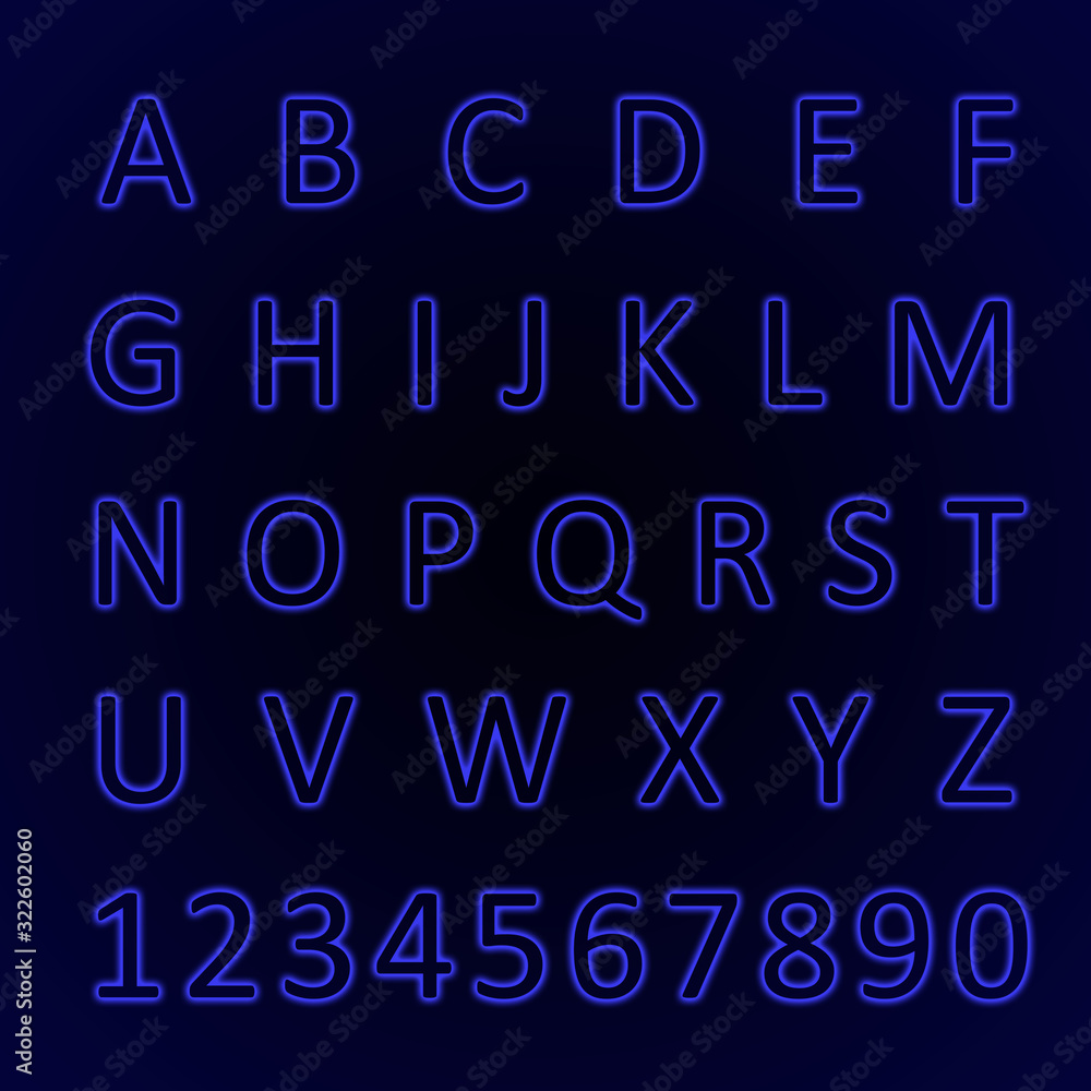 Glowing neon alphabet with letters from A to Z and numbers from 1 to 0. Trend color 2020 - blue. Glowing neon alphabet with letters from A to Z and numbers from 1 to 0. Trend color 2020 - blue.