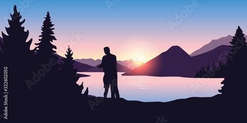 young couple by the river in forest nature landscape at sunrise vector illustration EPS10