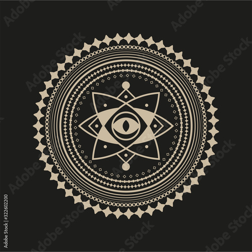 Mandala sacred geometry lotus. Circle abstract design. Vector illustration. Floral pattern. Oriental silhouette ornament eye. Black background.