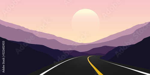 asphalt highway sunset in the mountains travel landscape vector illustration EPS10