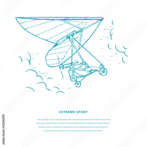 Extreme sport sketch vector template. Man flying on hang glider and clouds. 