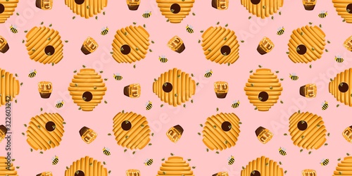 Seamless tinder pattern. Bee house. Beehive. Pink background. honeycomb. Children's design..