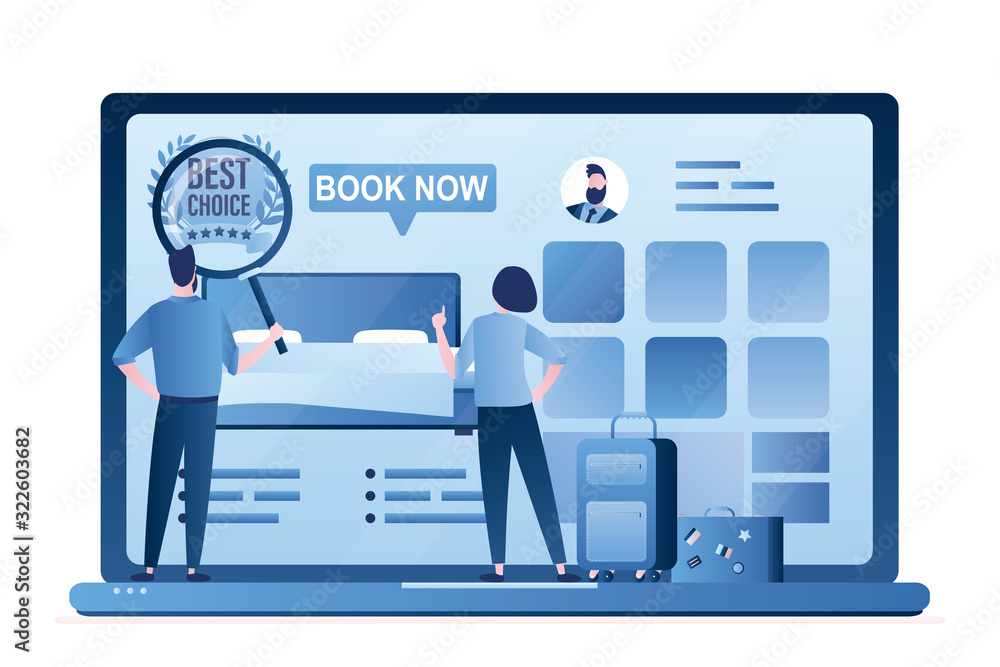 Online booking services landing page. Couple of tourists with baggage,people search and book hotel room. Online booking services landing page. Couple of tourists with baggage,people search and book hotel room.