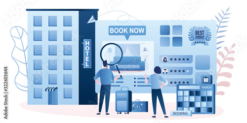 Couple of tourists with baggage,people search and book hotel room.