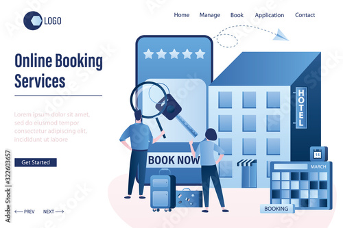 Online booking services landing page. Couple of tourists with baggage,people search and book hotel room.