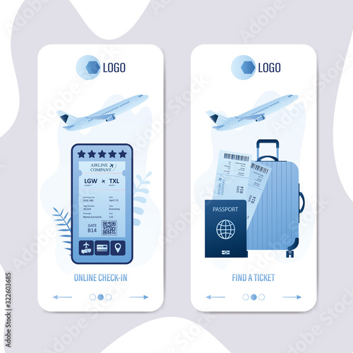Ticket booking services, app cards template. Mobile phone application for online check-in.