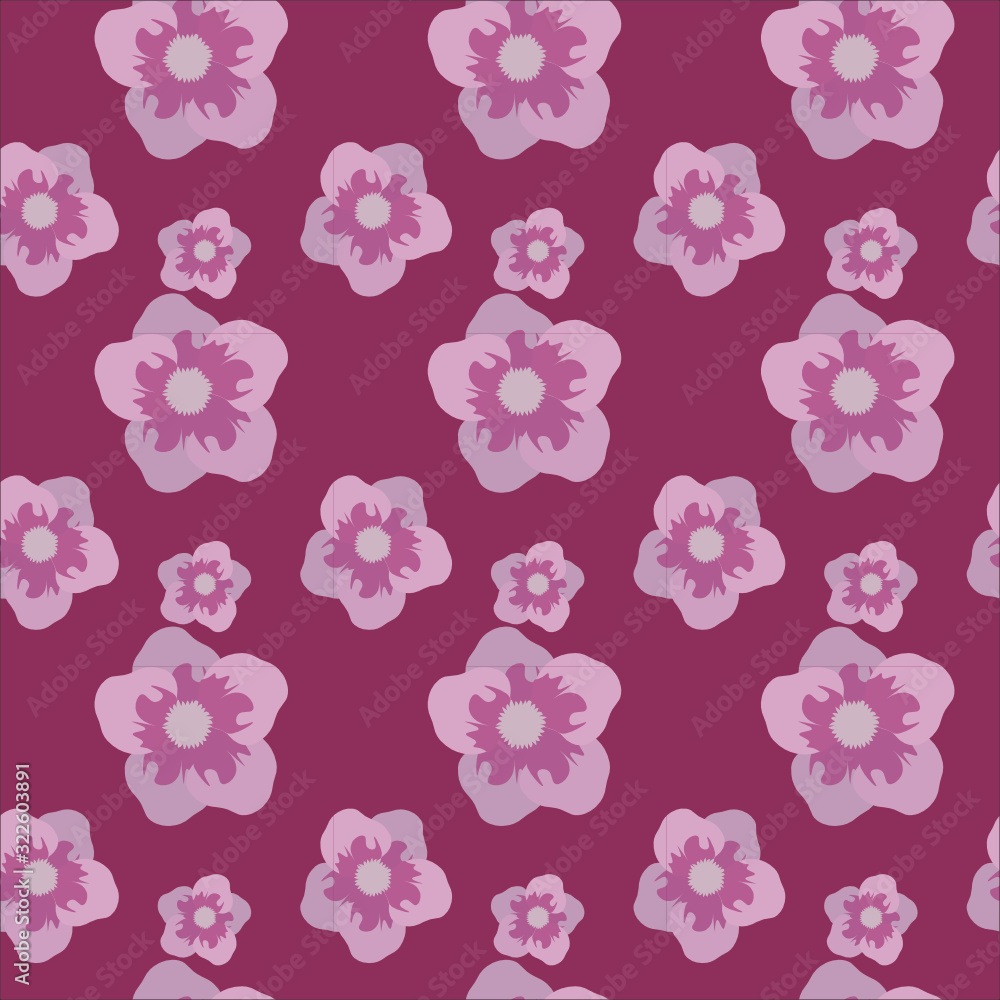 Flat seamless floral pattern in vector. Spring pink flowers isolated on purple background Flat seamless floral pattern in vector. Spring pink flowers isolated on purple background