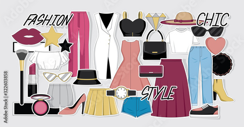 Women fashion clothes and accessories vector set.