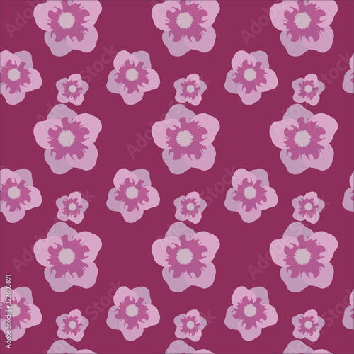 Flat seamless floral pattern in vector. Spring pink flowers isolated on purple background