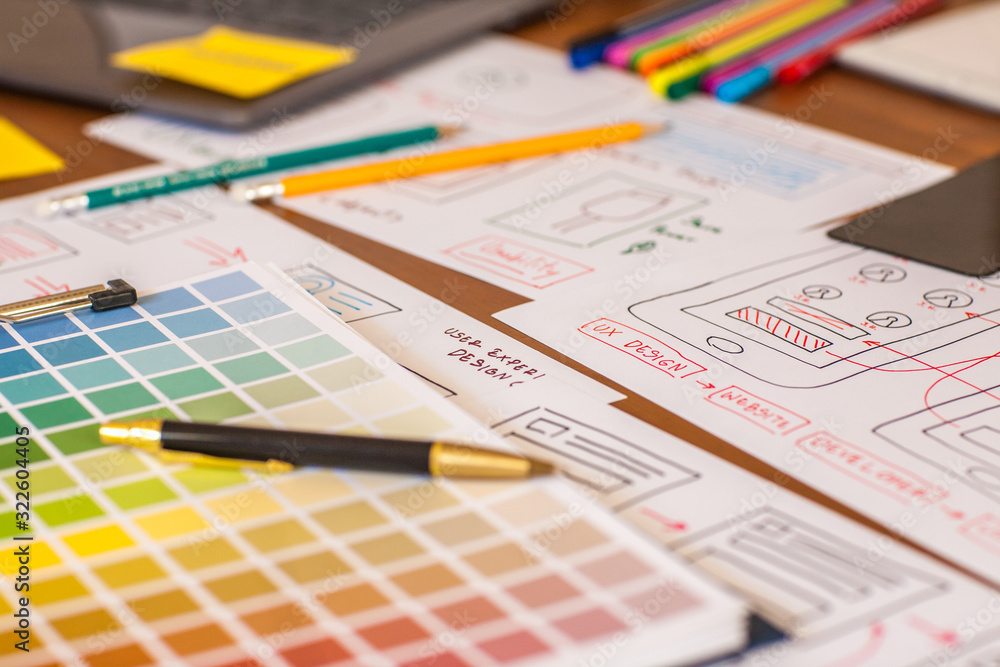 Website design team desk Design apps for mobile phones. UX UI design concept Website design team desk Design apps for mobile phones. UX UI design concept