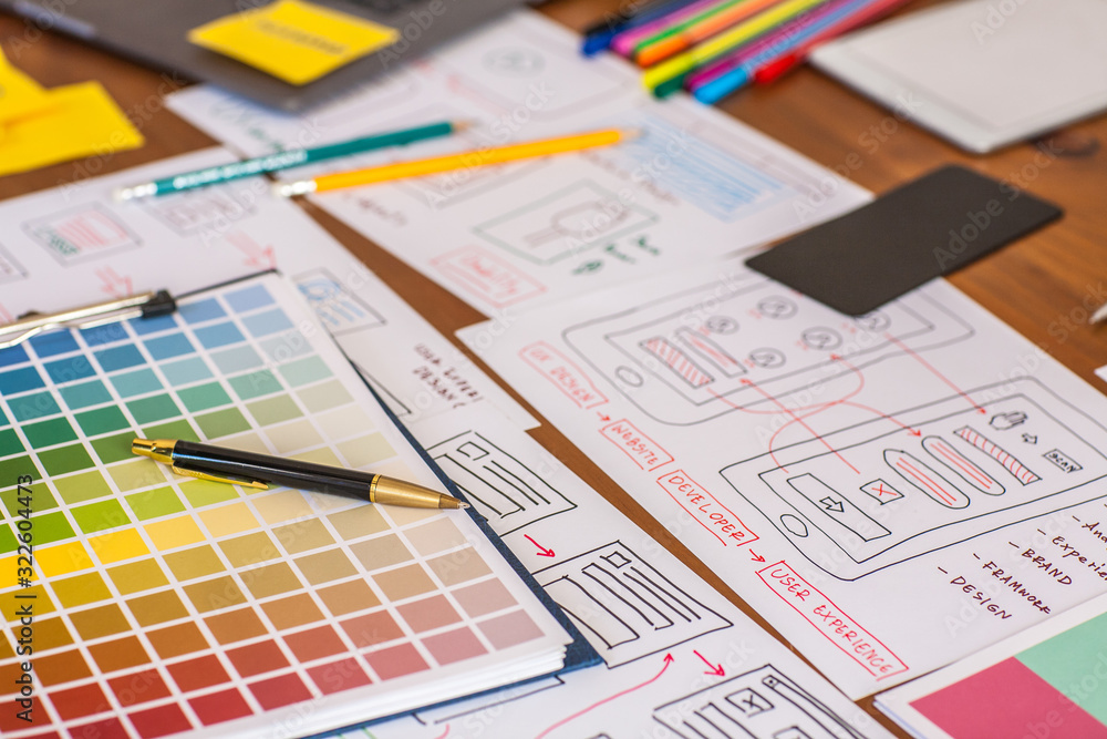 Website design team desk Design apps for mobile phones. UX UI design concept Website design team desk Design apps for mobile phones. UX UI design concept