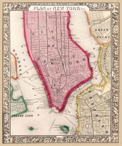 Photography Restored Reproduction of a map on New York City, produced in 1863, showing ferry