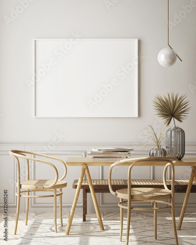 mock up poster frame in modern interior background, dinning room, Scandinavian style, 3D render, 3D illustration