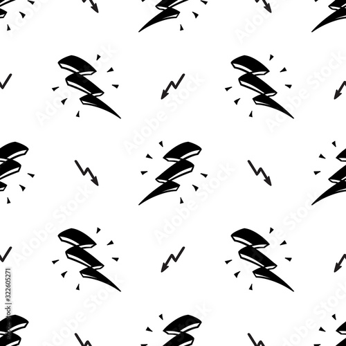 Lightning Bolt Signs Vector Seamless Pattern. Black and White Background with Doodle Thunderbolts