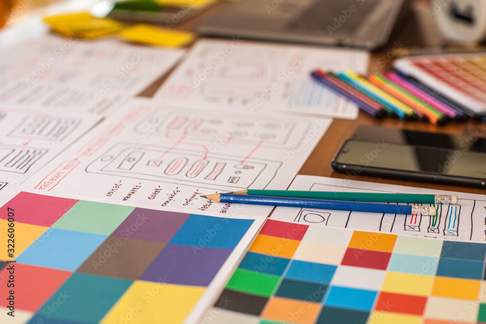 Website design team desk Design apps for mobile phones. UX UI design concept Website design team desk Design apps for mobile phones. UX UI design concept