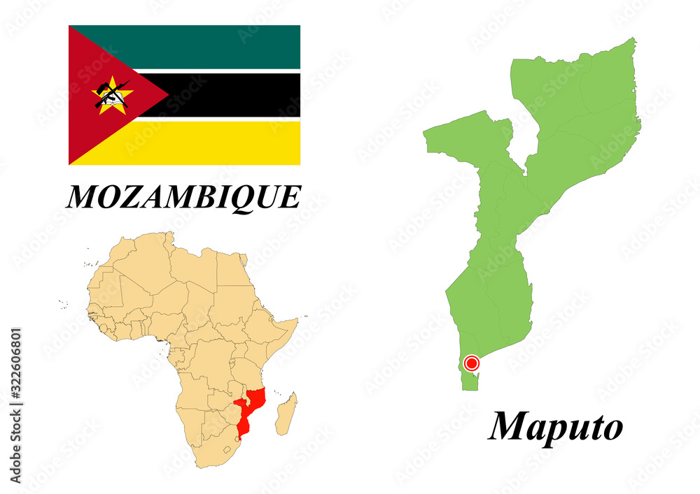 Republic of Mozambique. Capital of Maputo. Flag of Mozambique. Map of the continent of Africa with country borders. Vector graphics.
