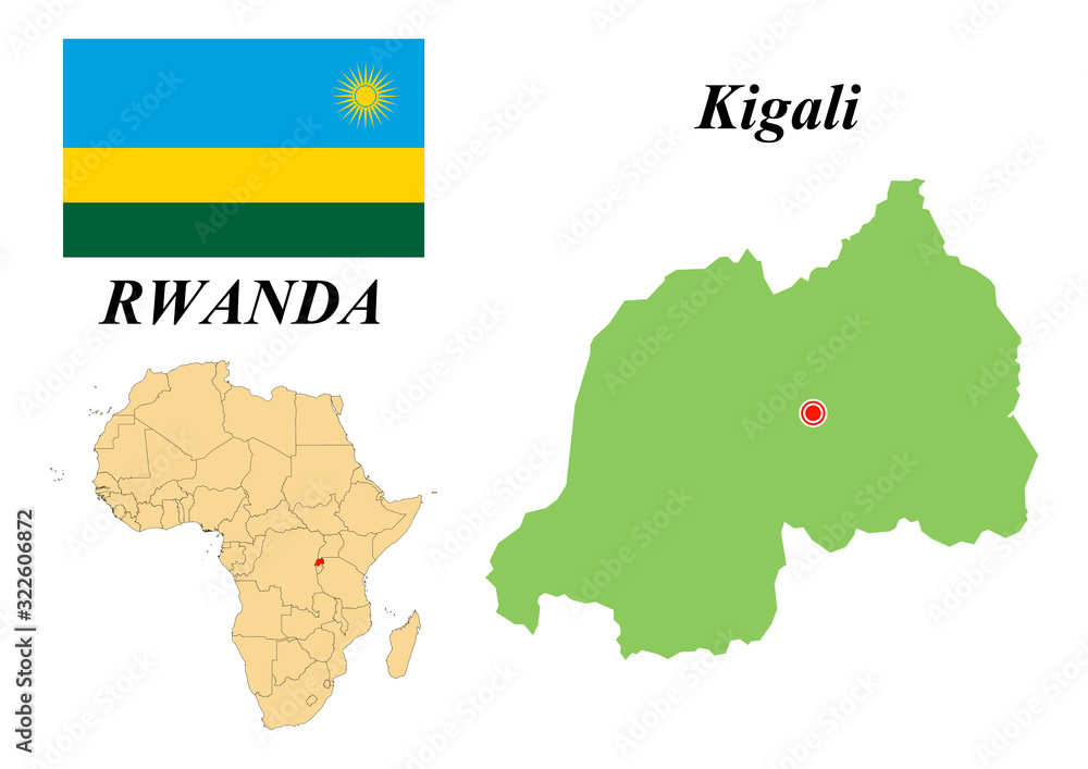 Obraz premium Republic of Rwanda. Capital of Kigali. Flag of Rwanda. Map of the continent of Africa with country borders. Vector graphics.