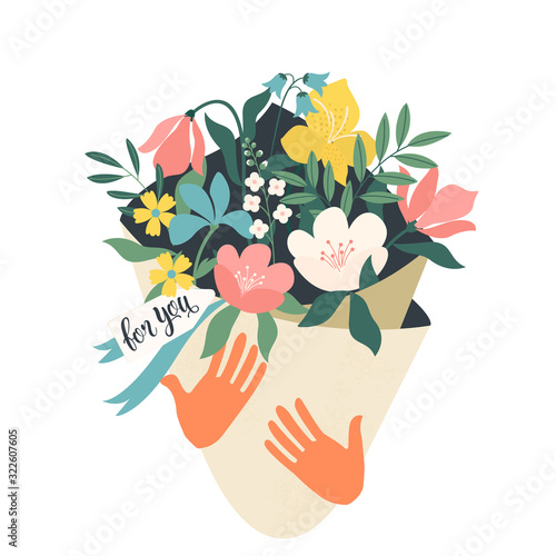 Hands holding bouquet of flowers with a note For you. Vector design concept for Valentines Day and other users. Vector Illustration.