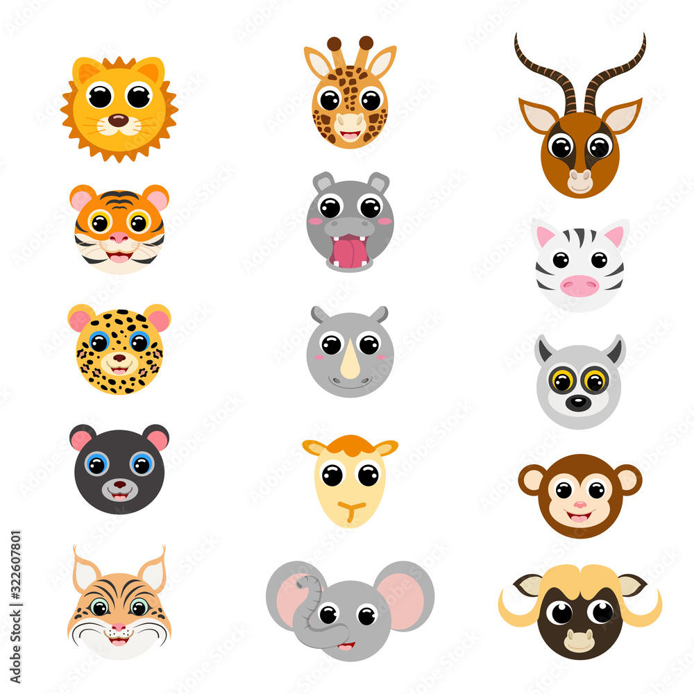 Fototapeta premium Funny cute african animal heads. Cartoon characters. Flat vector stock illustration on white background.
