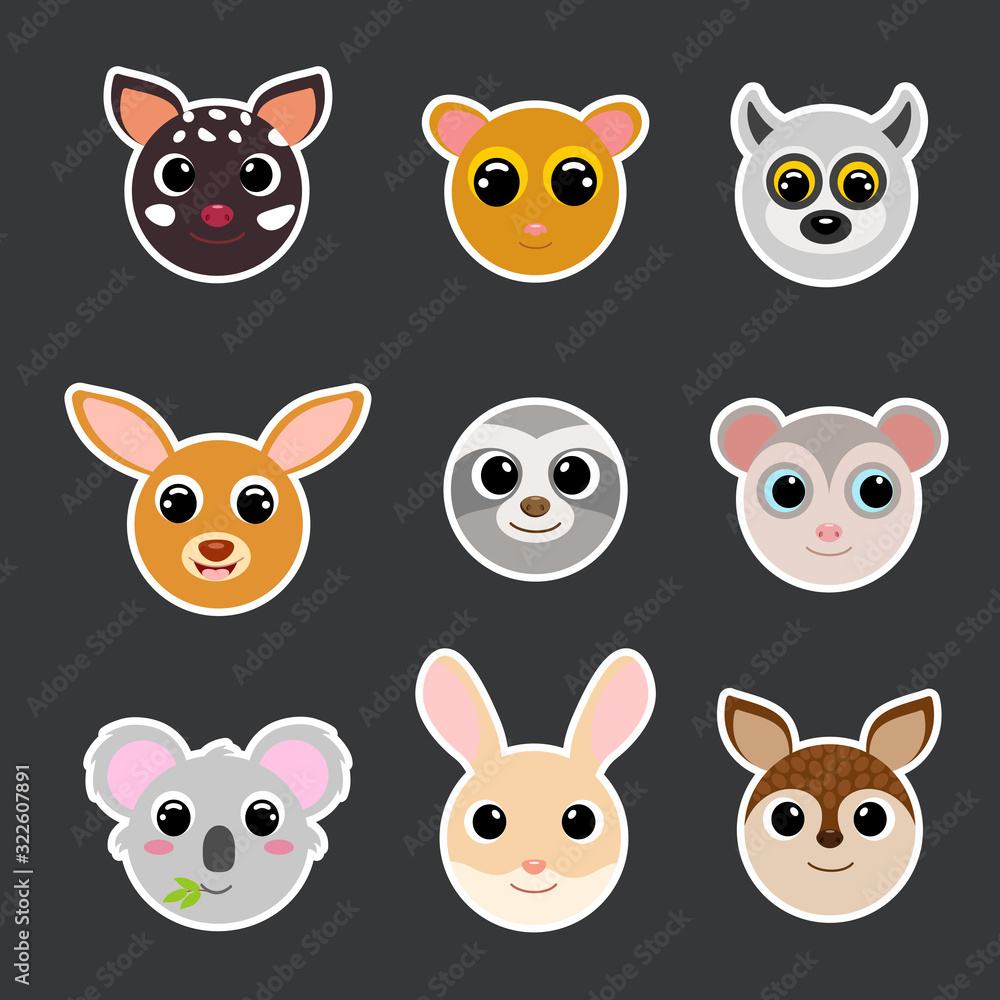 Fototapeta premium Funny cute animals head stickers. Cartoon characters. Flat vector stock illustration.