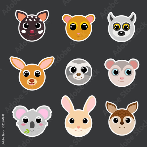 Funny cute animals head stickers. Cartoon characters. Flat vector stock illustration.